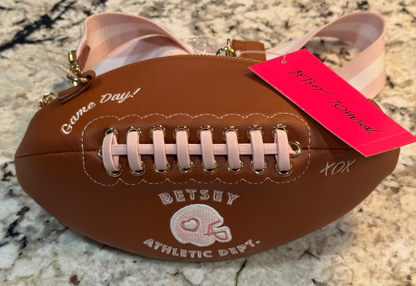 New Betsy Johnson pink trimmed football purse handbag