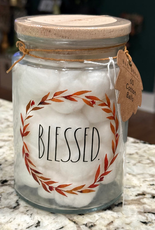 New Rae Dunn clear glass apothecary jar BLESSED cotton balls