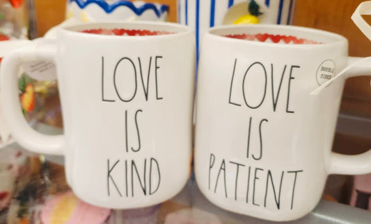 New Rae Dunn ceramic white double sided coffee mug LOVE IS PATIENT LOVE IS KIND