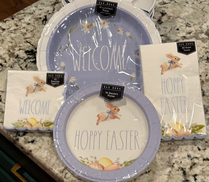 New Rae Dunn 4-piece Easter dinner decor paper packed set plates/napkins WELCOME/HOPPY EASTER