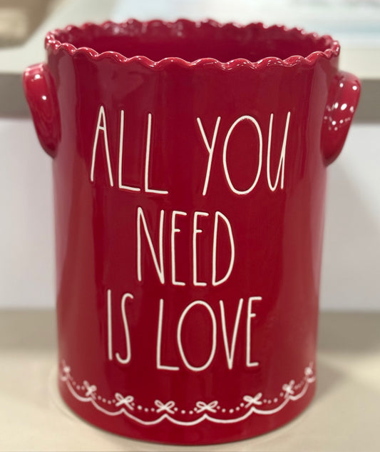 New Rae Dunn red ceramic utensil holder with bow trim LOVE IS ALL YOU NEED