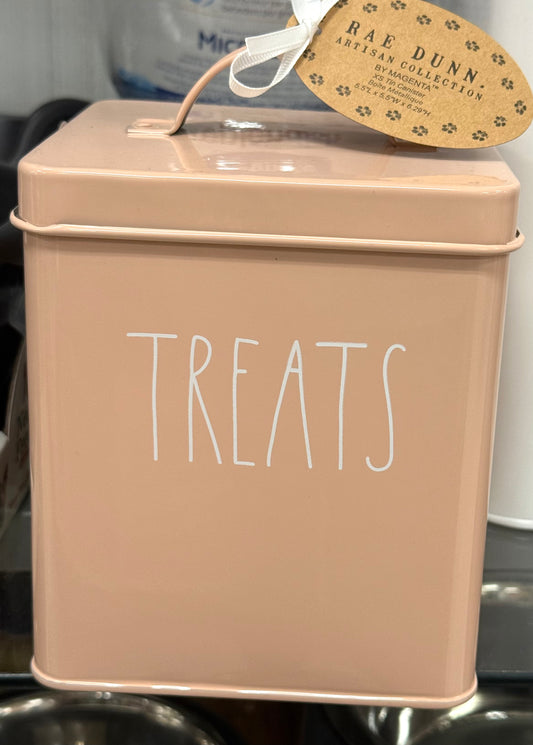 New Rae Dunn salmon pink tin TREATS storage container