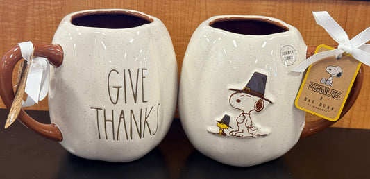 New Rae Dunn x Peanuts Snoopy fall ceramic coffee mug GIVE THANKS