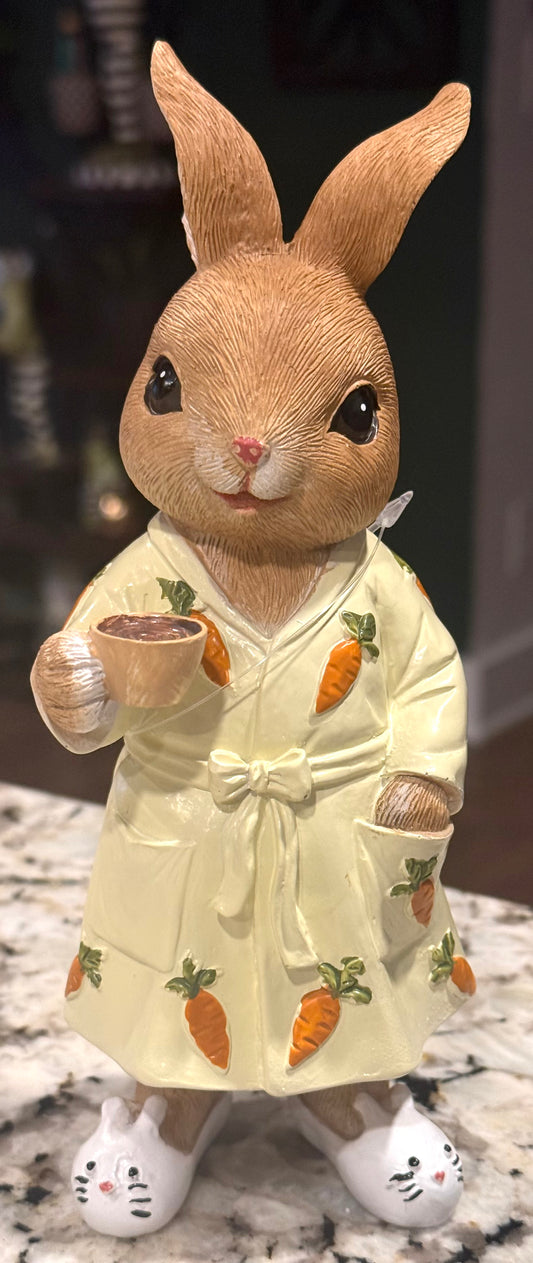 New resin 5” Easter bunny decor in yellow robe and slippers