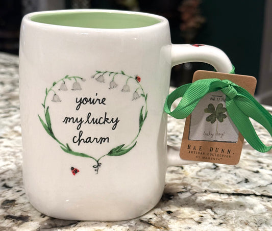 New Rae Dunn white ceramic St. Patrick’s Day coffee mug YOU’RE MY LUCKY CHARM