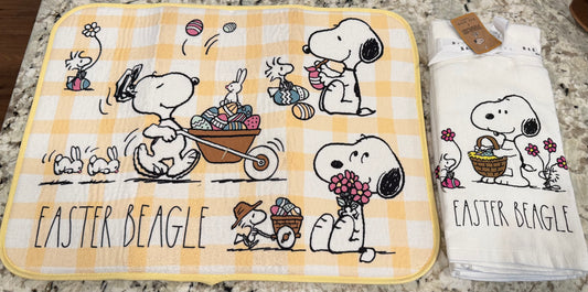New 3-piece Peanuts Snoopy EASTER BEAGLE dish drying mat & 2-piece towel set
