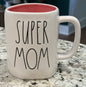 New Rae Dunn white ceramic coffee mug SUPER MOM pink interior