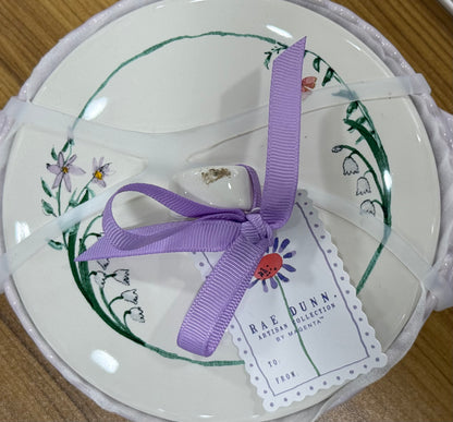 New Rae Dunn purple & white floral ceramic covered baking dish MADE WITH LOVE