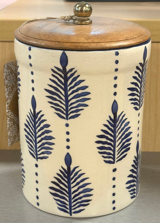 New blue leaf Made in ceramic 7” canister wood lid with seal