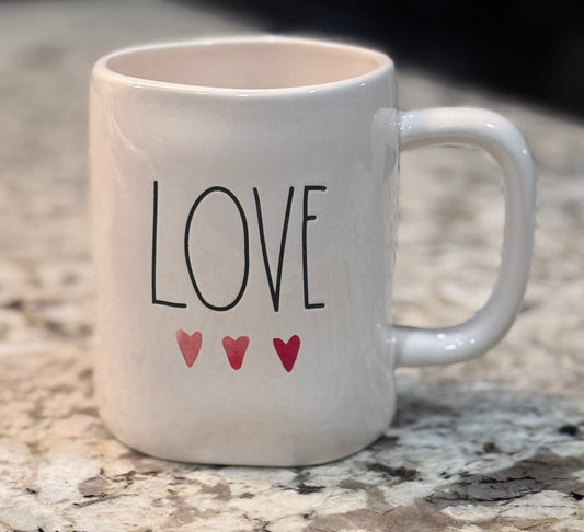 New Rae Dunn white watercolor hearts ceramic coffee mug LOVE