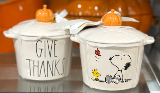 New Rae Dunn x Peanuts Snoopy ceramic baking dish GIVE THANKS