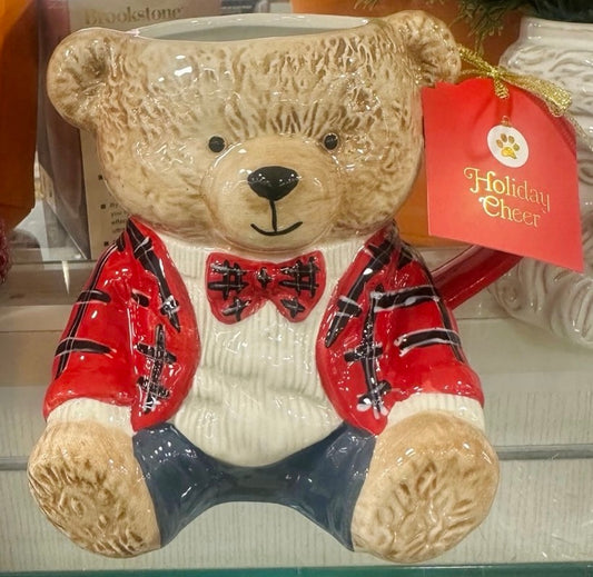 New Holiday Cheer ceramic Teddy Bear Christmas coffee mug -plaid sweater
