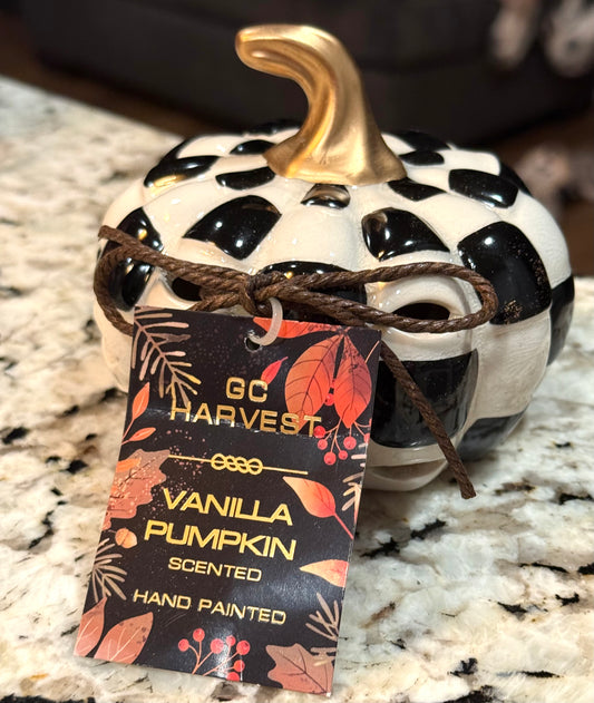 New black & white checked  ceramic scented pumpkin-vanilla pumpkin