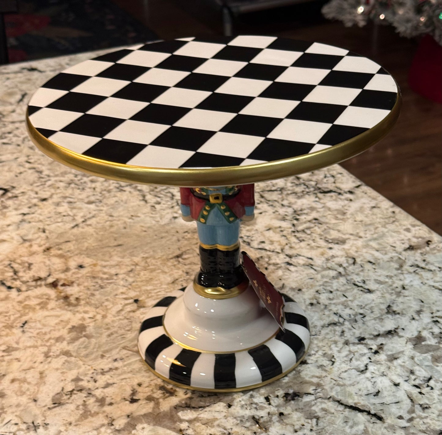 New Home for the Holidays ceramic Nutcracker courtly check cake stand 8” Christmas decor