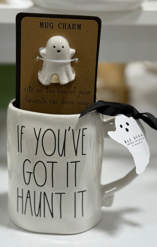 New Rae Dunn white ceramic Halloween coffee mug with ghost mug charm