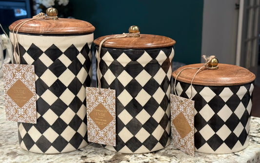 New Made in India ceramic wood top black and white diamond checkered canister set  8.25, 7.25, 5.25”