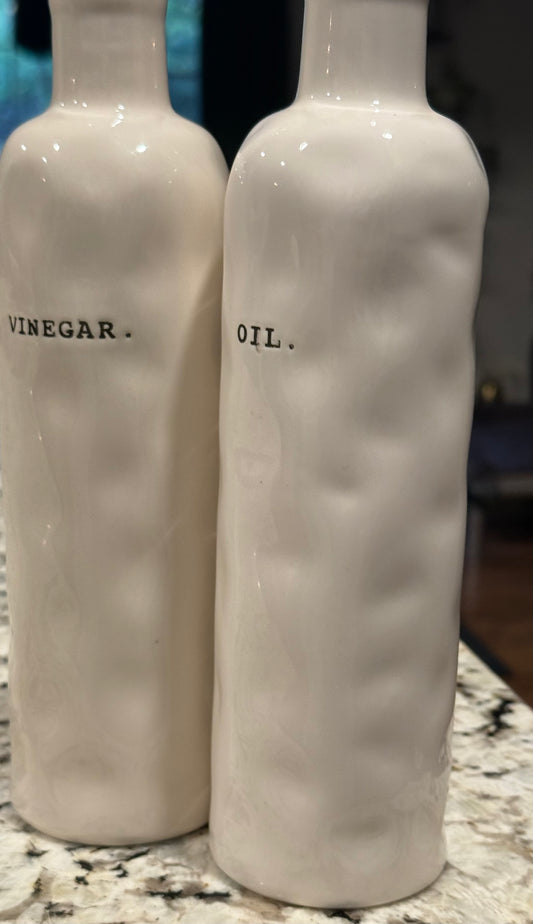 (My personal) Rae Dunn original OIL & VINEGAR cruet set- older, dimply style