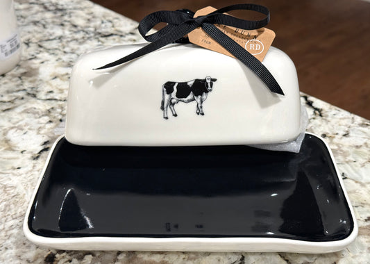 New Rae Dunn white & black ceramic BUTTER. storage dish Cow 🐄 on back