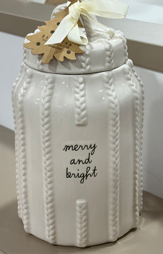 New Rae Dunn “sweater” white ceramic Christmas canister 8” MERRY & BRIGHT