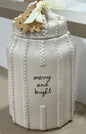 New Rae Dunn “sweater” white ceramic Christmas canister 8” MERRY & BRIGHT