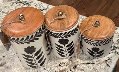 New Made in India brown floral wood lid canister set 9, 7, 5” tall
