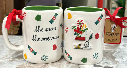 New Rae Dunn x Peanuts Snoopy ceramic coffee mug THE MORE THE MERRIER