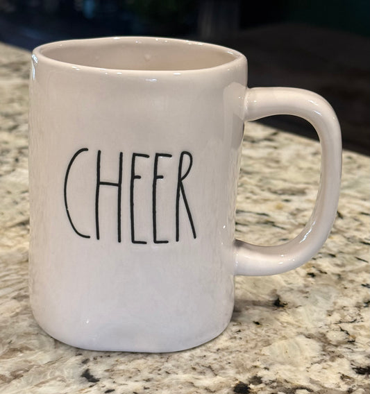Rae Dunn white ceramic coffee mug CHEER