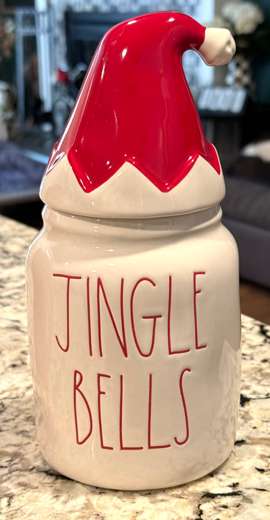New Rae Dunn ceramic Christmas topped canister JINGLE BELLS