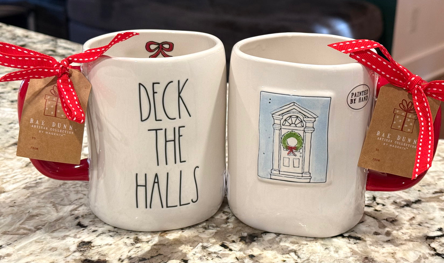 New Rae Dunn white ceramic Christmas coffee mug DECK THE HALLS