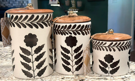 New Made in India brown floral wood lid canister set 9, 7, 5” tall