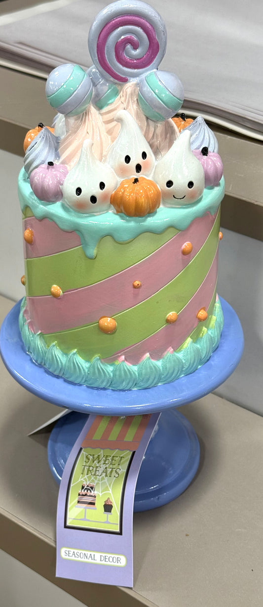 New resin pastel ghost face pink/green striped Halloween pedestal cake decor