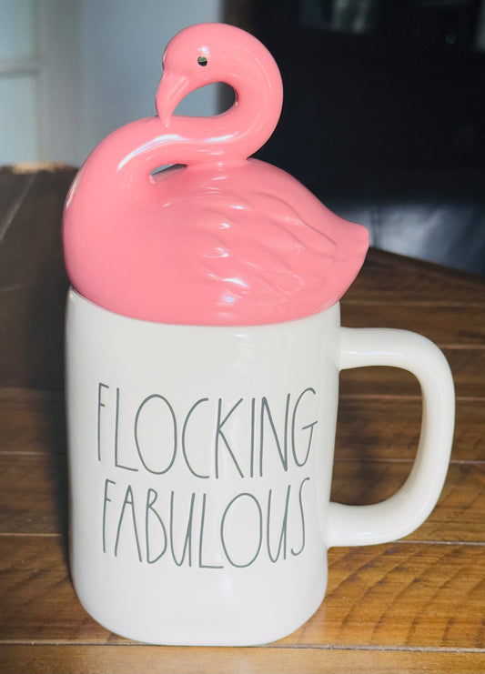 New Rae Dunn 🦩 flamingo topped ceramic coffee mug FLOCKING FABULOUS