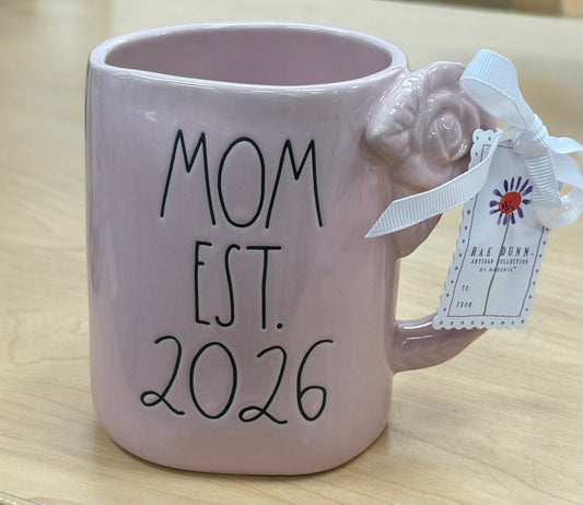 New Rae Dunn pink rose handled  ceramic coffee mug MOM EST. 2026