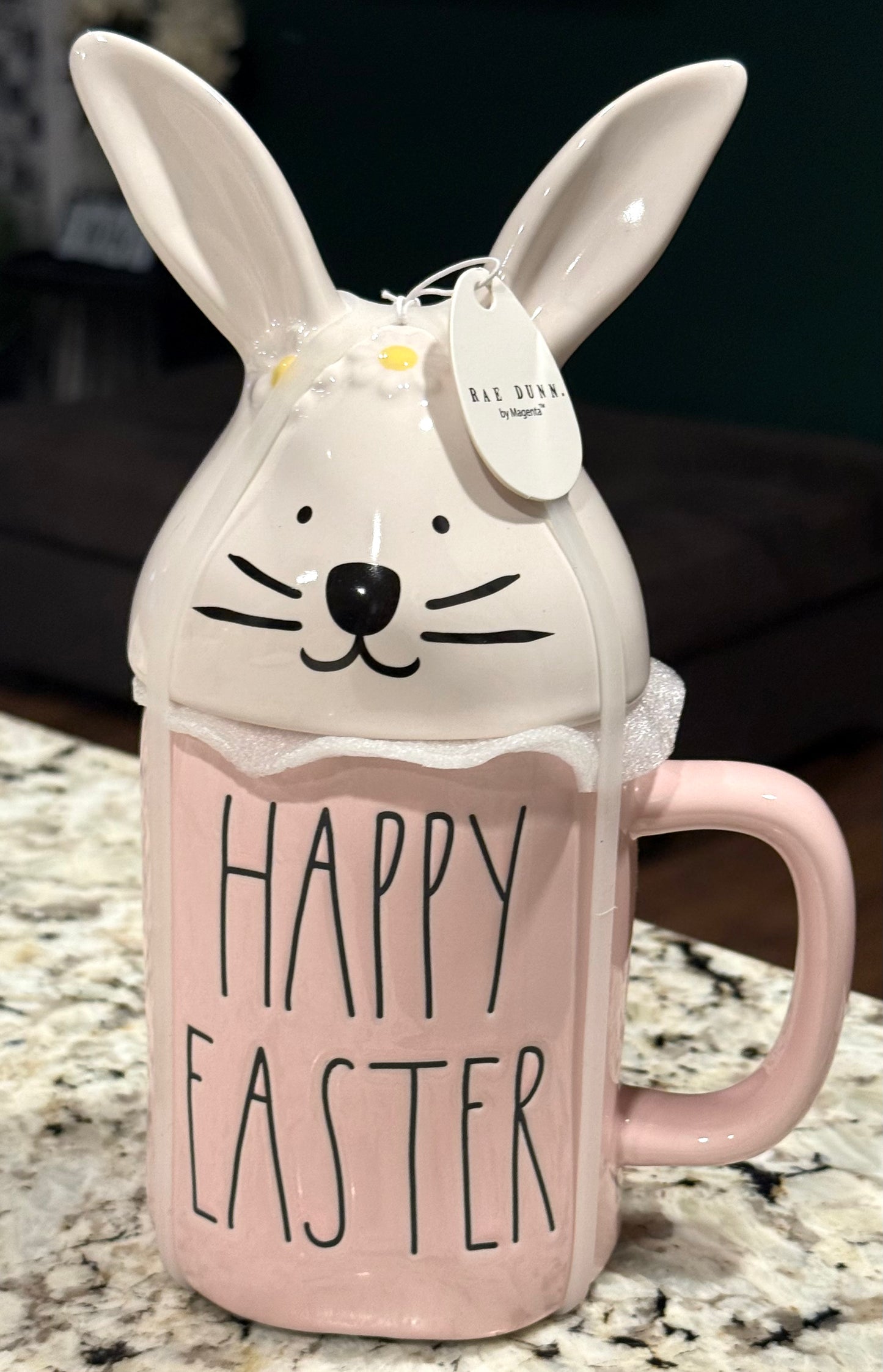 New Rae Dunn pink ceramic Easter Bunny topped coffee mug HAPPY EASTER