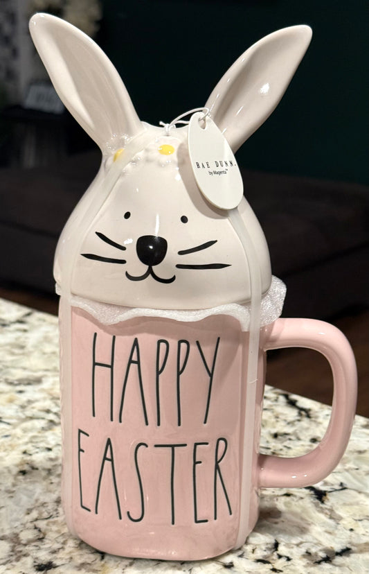 New Rae Dunn pink ceramic Easter Bunny topped coffee mug HAPPY EASTER