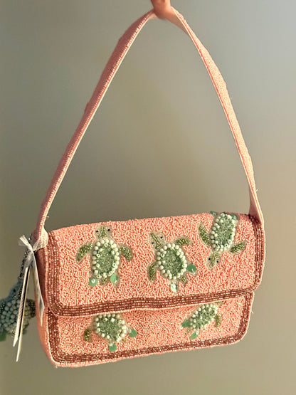 New pink Made In India beaded sea turtle hand bag purse 10x5