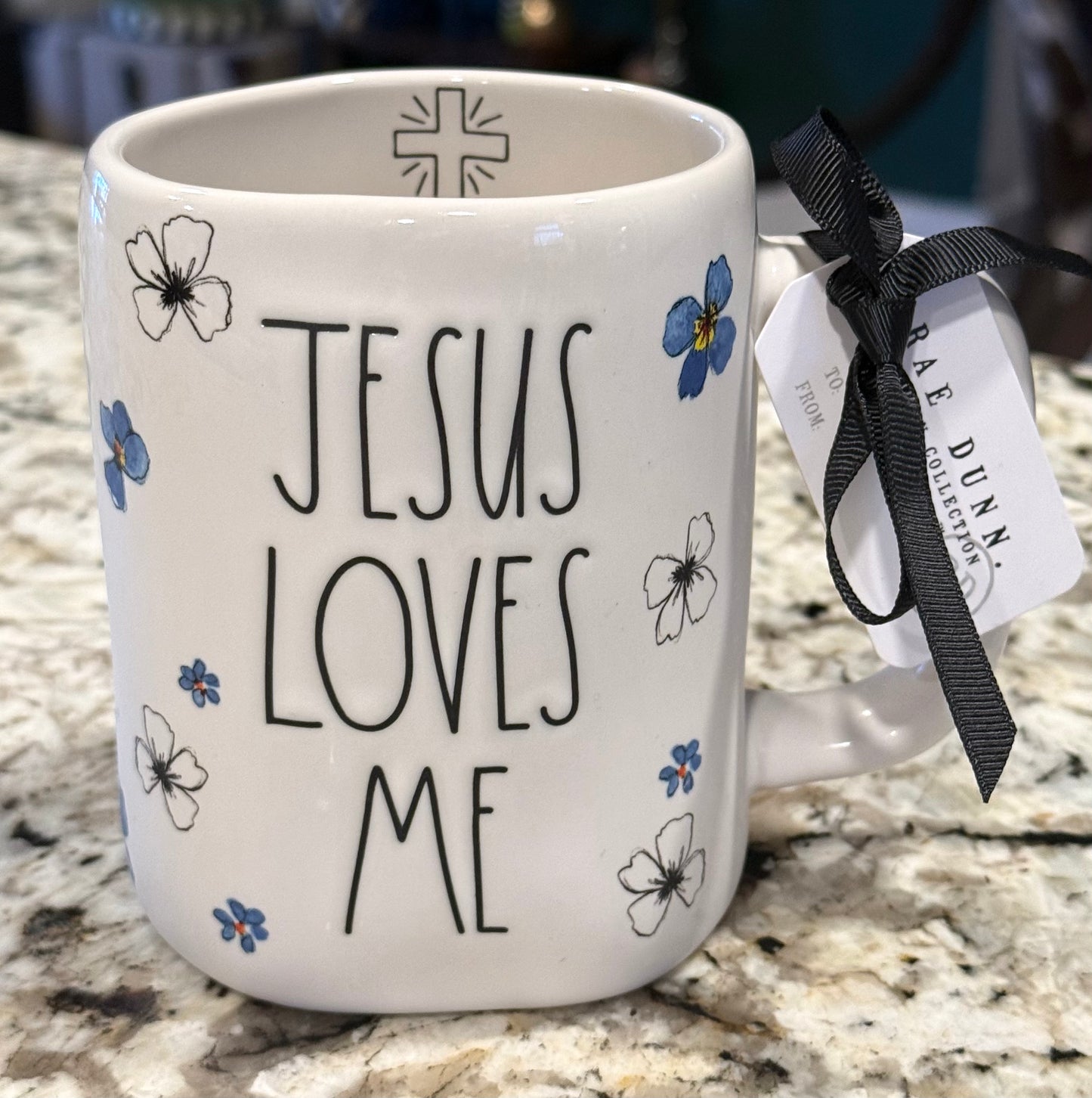 New Rae Dunn white ceramic floral print coffee mug JESUS LOVES ME
