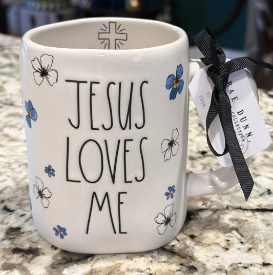 New Rae Dunn white ceramic floral print coffee mug JESUS LOVES ME