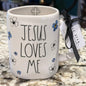 New Rae Dunn white ceramic floral print coffee mug JESUS LOVES ME