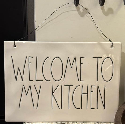 New Rae Dunn white ceramic hanging wall sign WELCOME TO MY KITCHEN