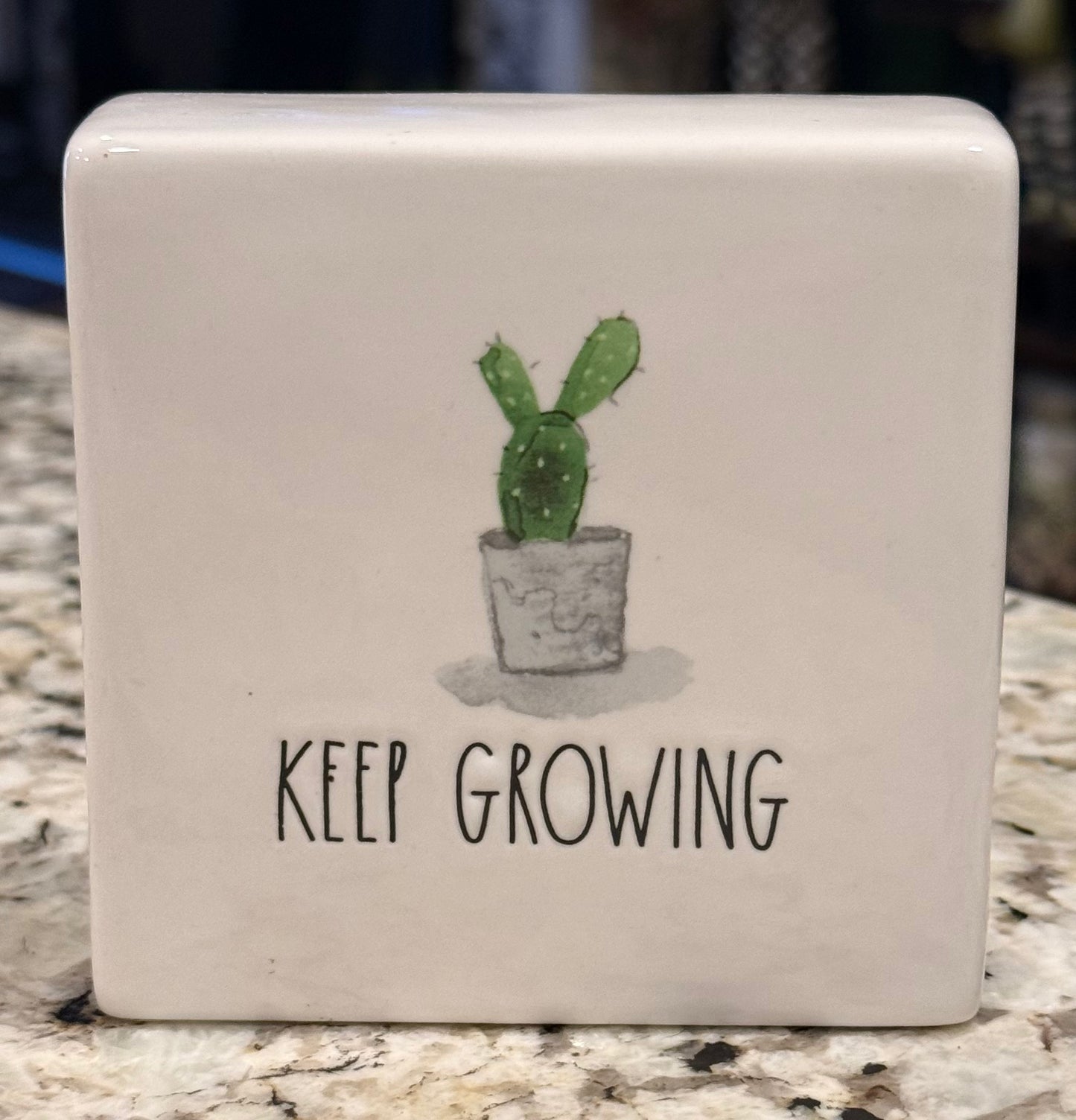 Rae Dunn white ceramic KEEP GROWING cactus decor block 5x5