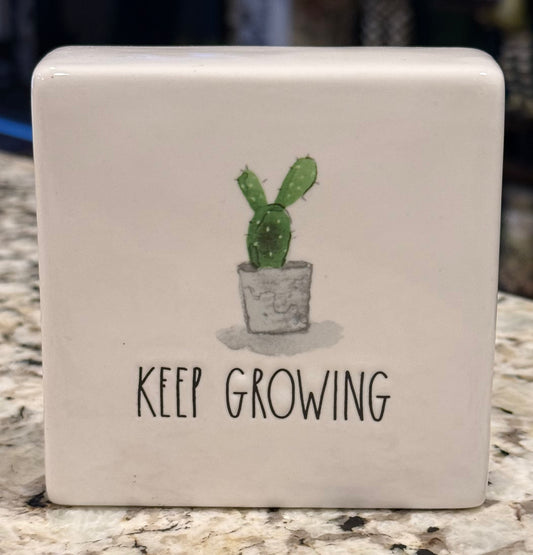 Rae Dunn white ceramic KEEP GROWING cactus decor block 5x5