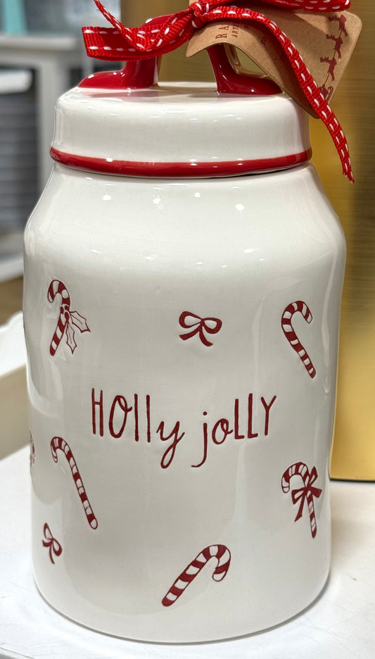 New release Rae Dunn ceramic candy cane and bow Christmas canister 8” HOLLY JOLLY