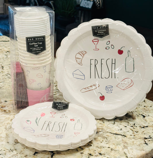 New Rae Dunn 3-piece paper dinnerware set coffee cup, 2 size plates 16 each FRESH