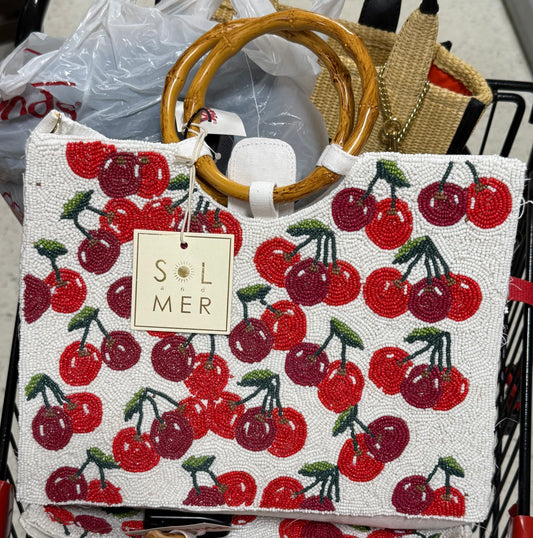 New Sol Mer  beaded Cherry print tote purse with bamboo handles