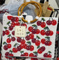 New Sol Mer  beaded Cherry print tote purse with bamboo handles