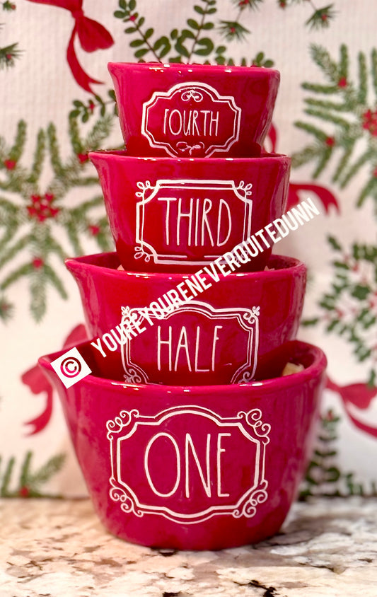 New Rae Dunn red ceramic chalkboard trimmed Christmas measuring cup set