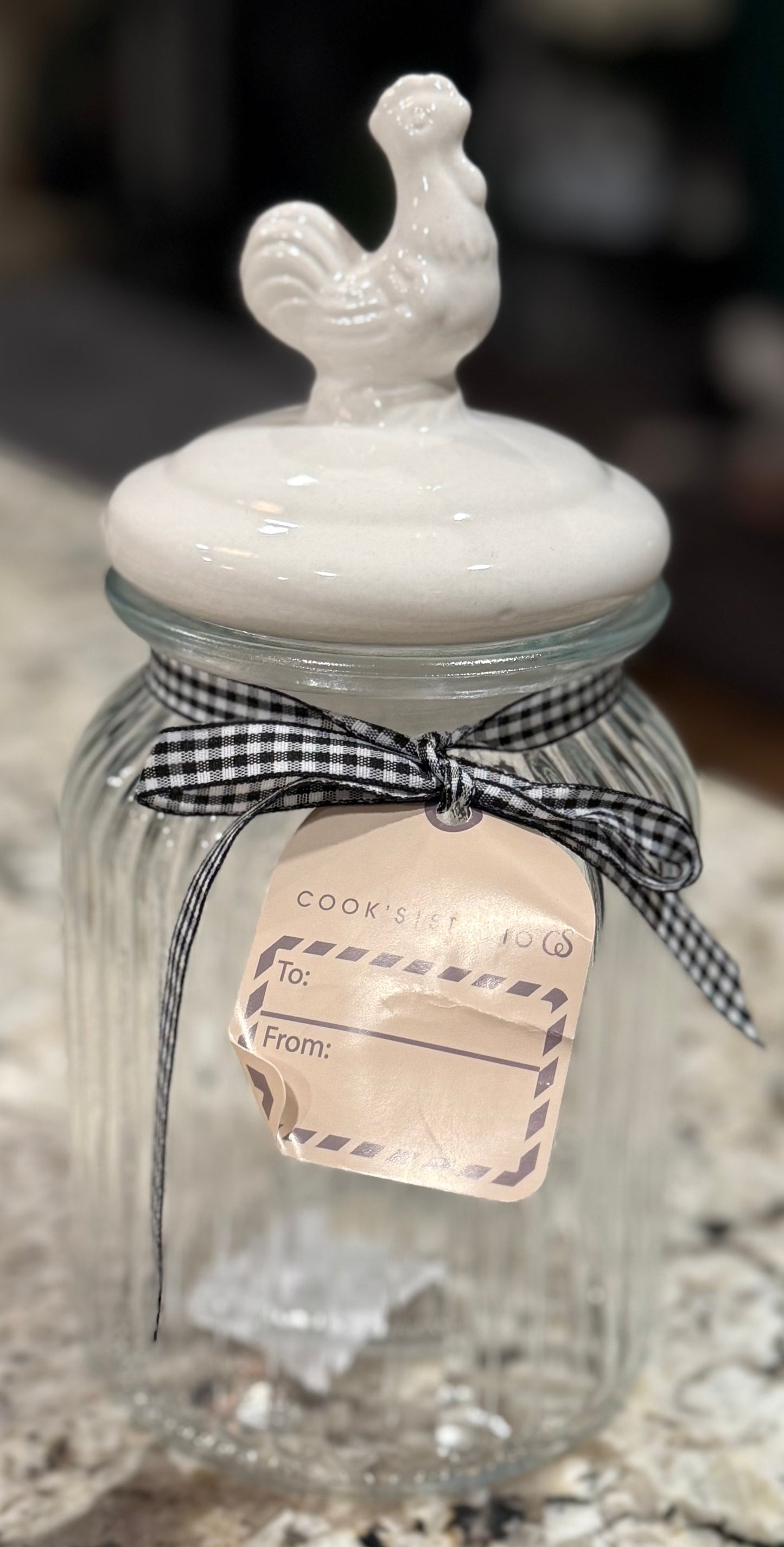 New glass rooster topped candy storage jar farm decor
