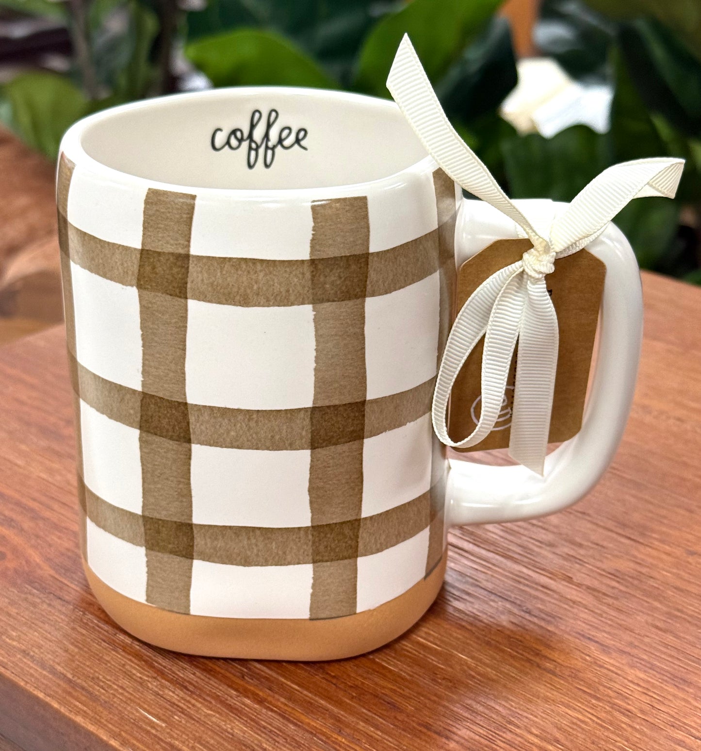 New Rae Dunn brown plaid ceramic coffee mug COFFEE