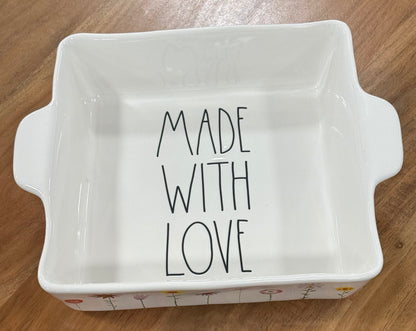 New Rae Dunn white floral ceramic baking dish MADE WITH LOVE
